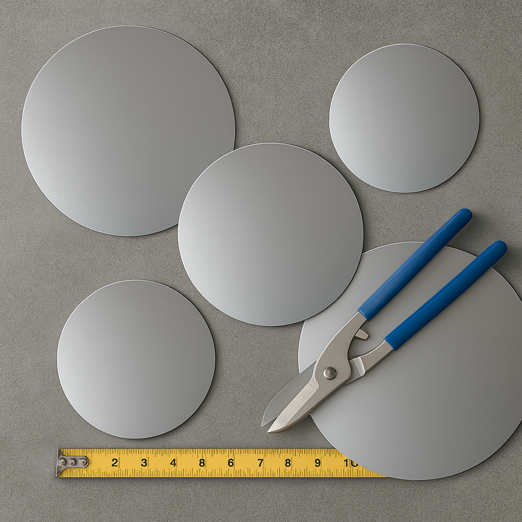 Anodised aluminium discs with tin snips and measuring ruler on a grey background