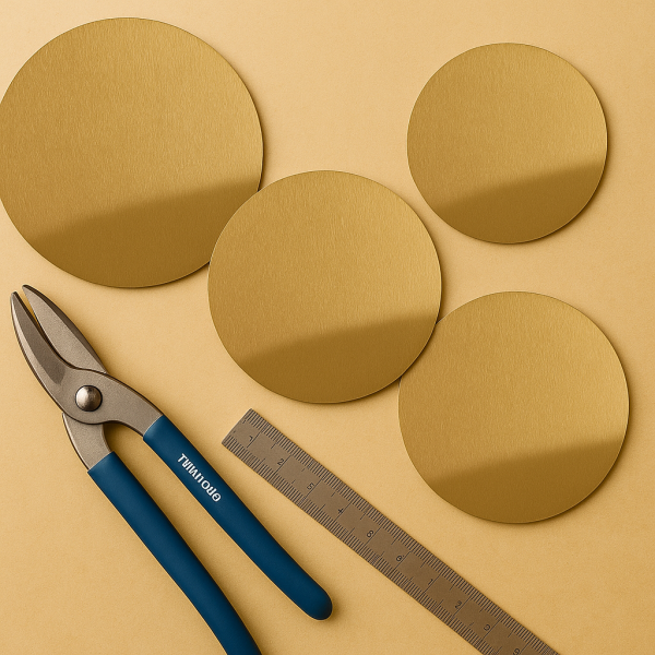 Brushed brass sheet metal discs with ruler and tin snips for sculpting and decorative metalwork