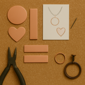 Brushed copper jewellery blanks in assorted shapes with pliers and design sketch