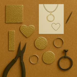 Hammered brass jewellery blanks in assorted shapes with pliers and sketch