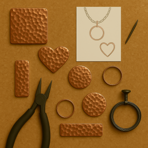 Hammered copper jewellery blanks in assorted shapes with pliers and design sketch