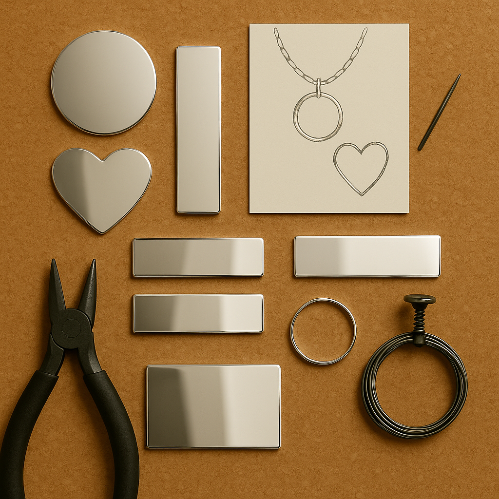 Mirror polished aluminium jewellery blanks in assorted shapes with pliers and sketch