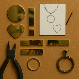 Mirror polished brass jewellery blanks in assorted shapes with pliers and sketch