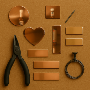 Mirror polished copper jewellery blanks in assorted shapes with pliers and design sketch