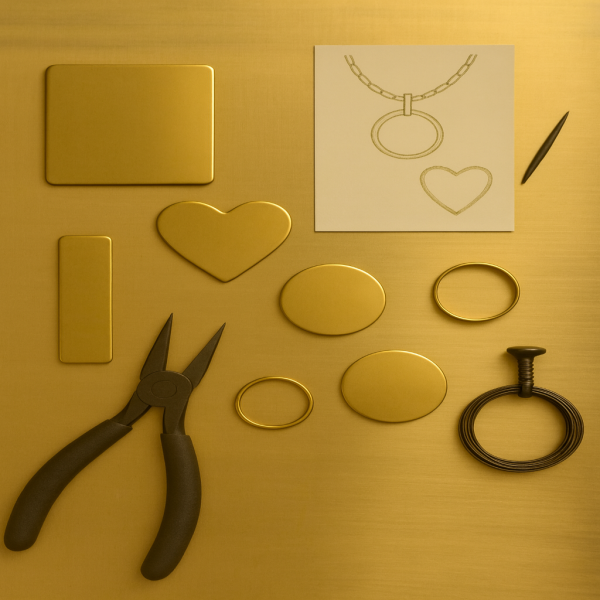 Natural brass jewellery blanks in assorted shapes with pliers and design sketch