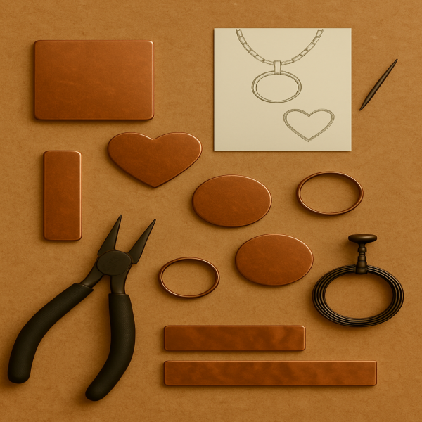 Natural copper jewellery blanks in assorted shapes with pliers and sketch