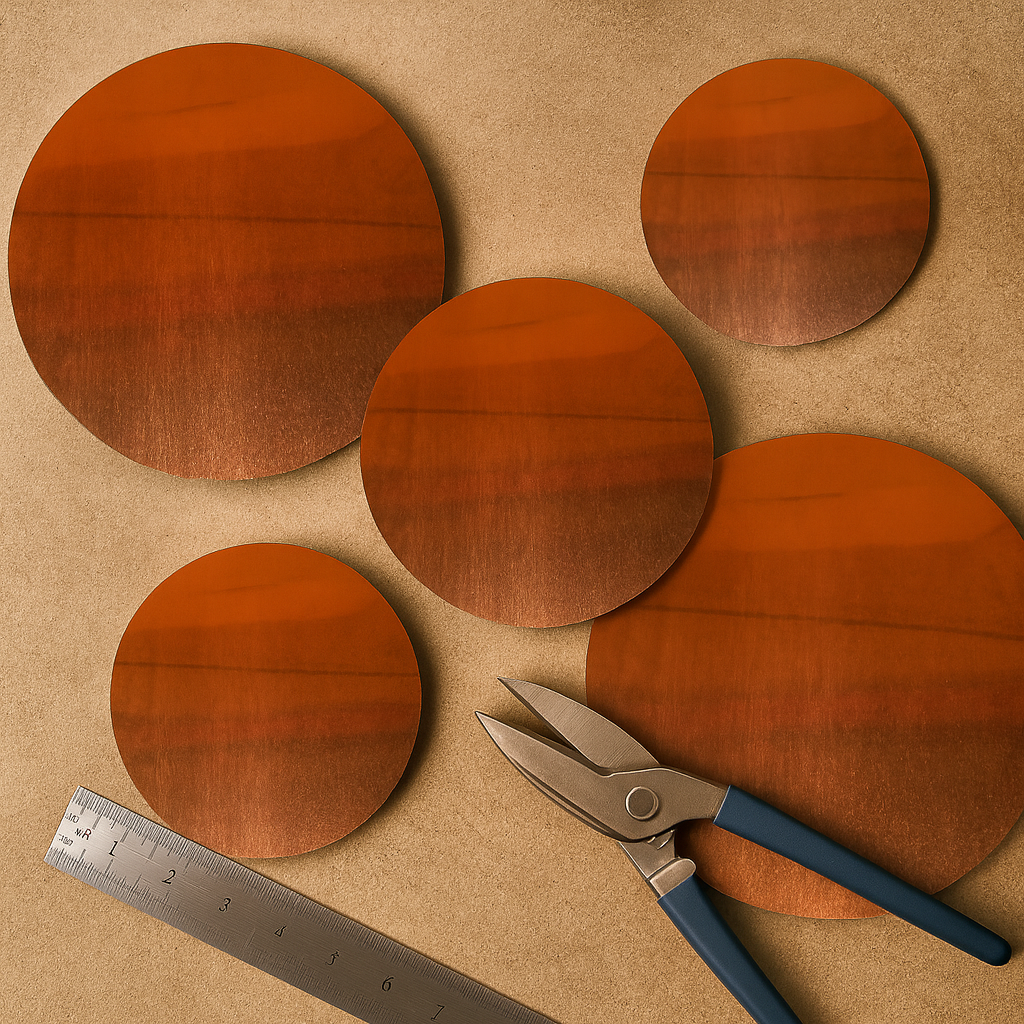 Natural copper sheet metal discs with ruler and tin snips for sculpting and decorative metalwork.