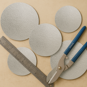 Stucco aluminium sheet discs with ruler and tin snips for sculpting and decorative metalwork.