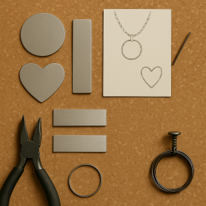 Brushed stainless steel jewellery blanks in assorted shapes with pliers and wire