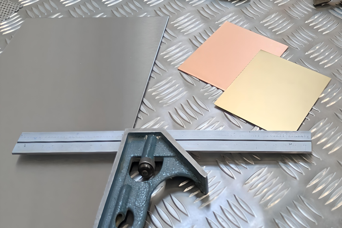 Aluminium, copper, and brass sheet samples with combination square on checker plate surface.