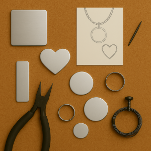Silver anodised aluminium jewellery blanks in heart, bar, and disc shapes with sketch and pliers on corkboard